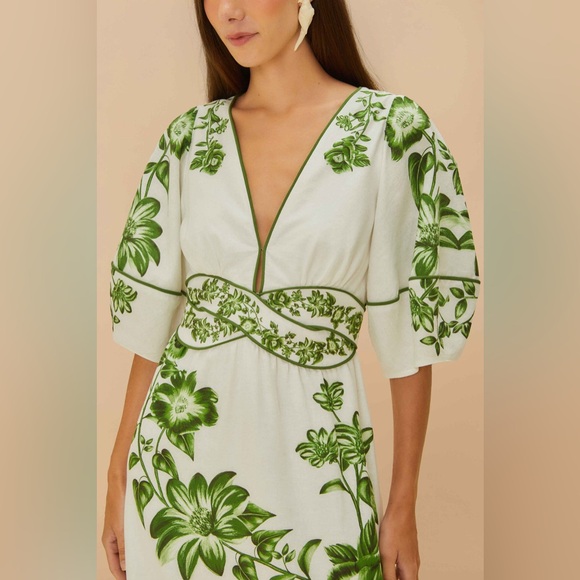 Farm Rio: Off-White Green Floral Cascade Lenzing™ Ecovero™ Euroflax™ Midi Dress - Picture 4 of 11